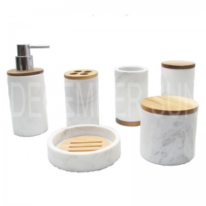 Set accessori bagno in marmo bianco con parti in legno